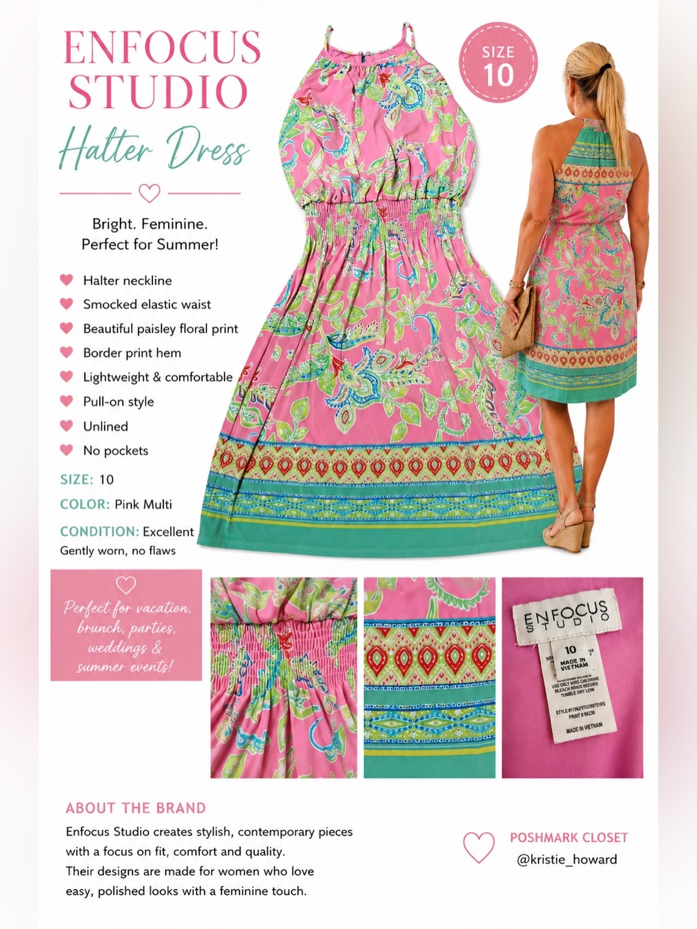 💗Enfocus Studio Pink Multi Paisley Halter Midi Dress Size 10